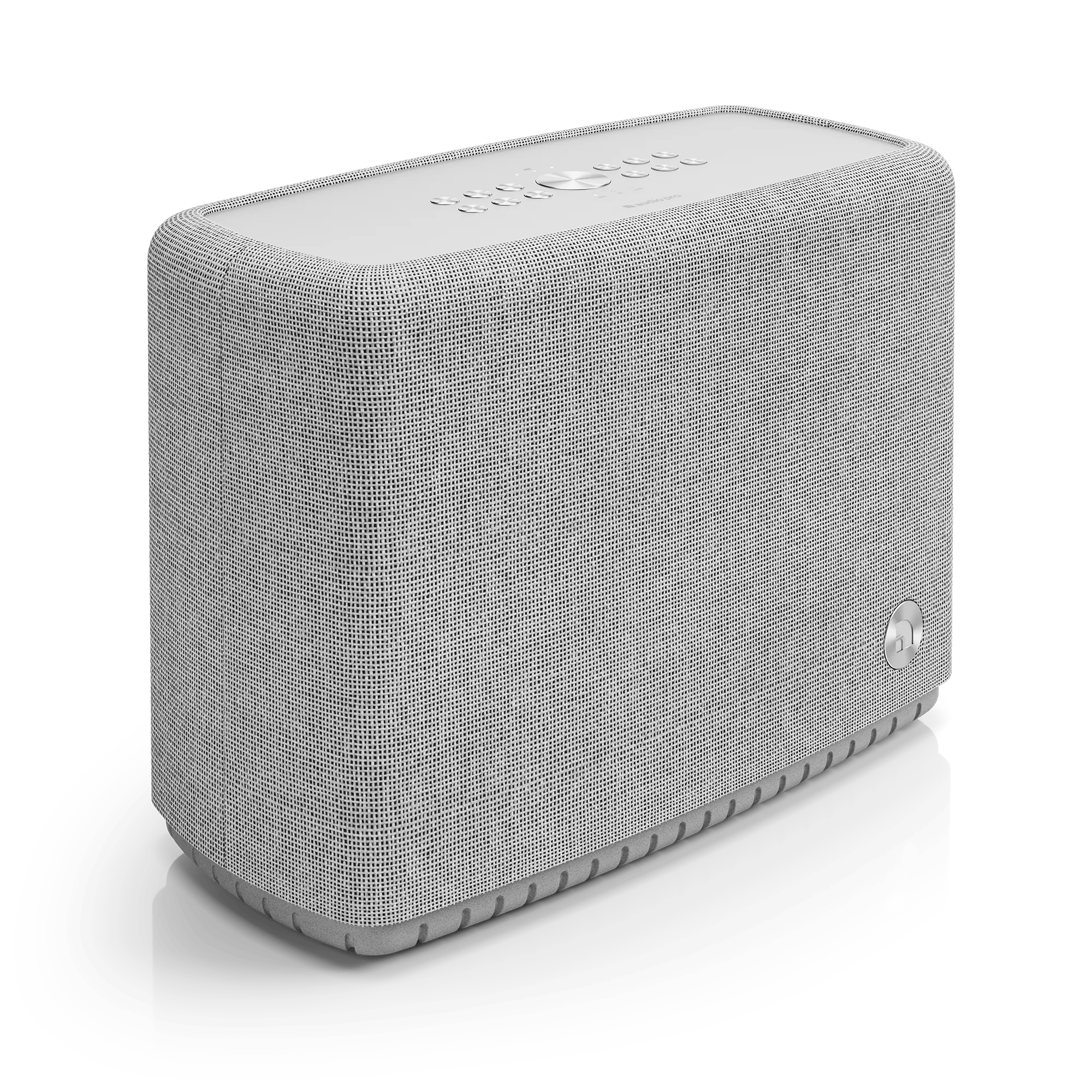 Audio Pro A15 in Hellgrau schräg von vorne mit Bedientasten und Stoffbezug