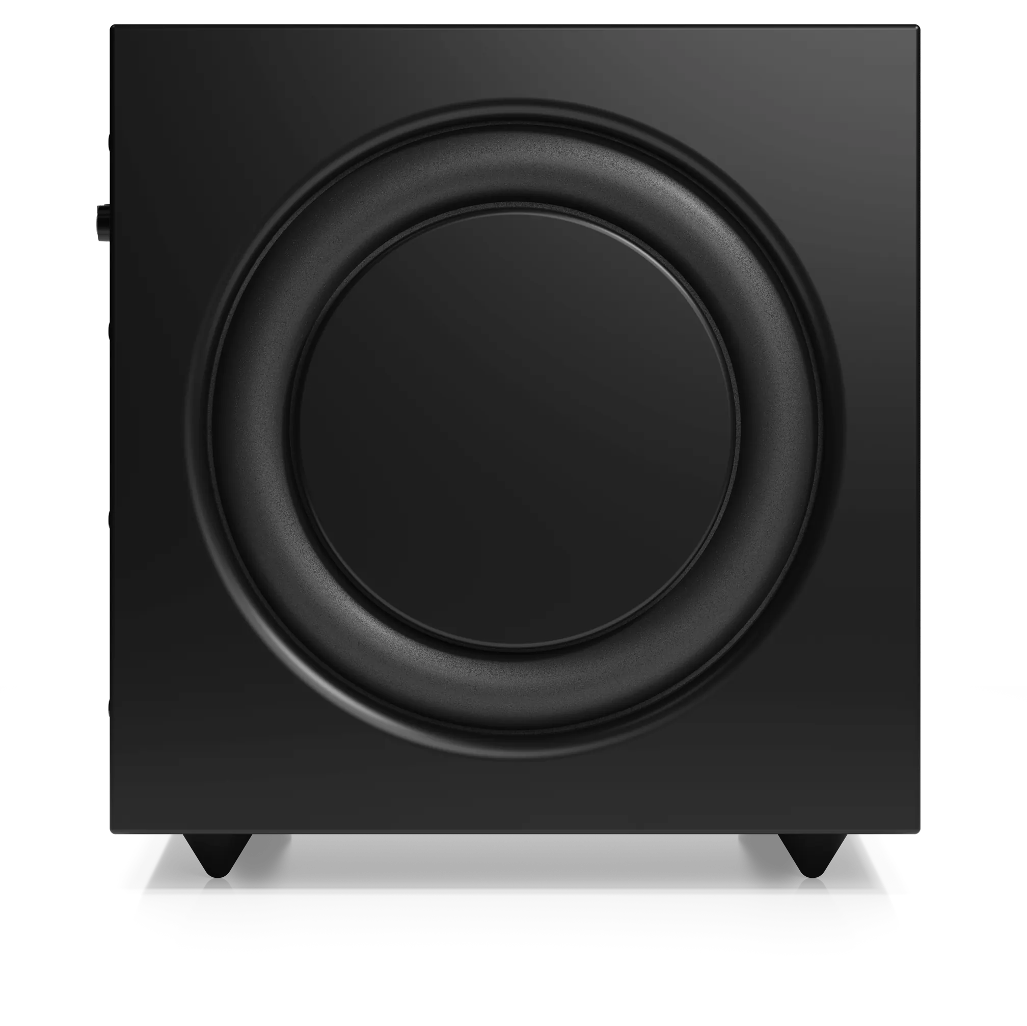 Seitenansicht des schwarzen Audio Pro SW-10 Subwoofers mit sichtbarer Passivmembran