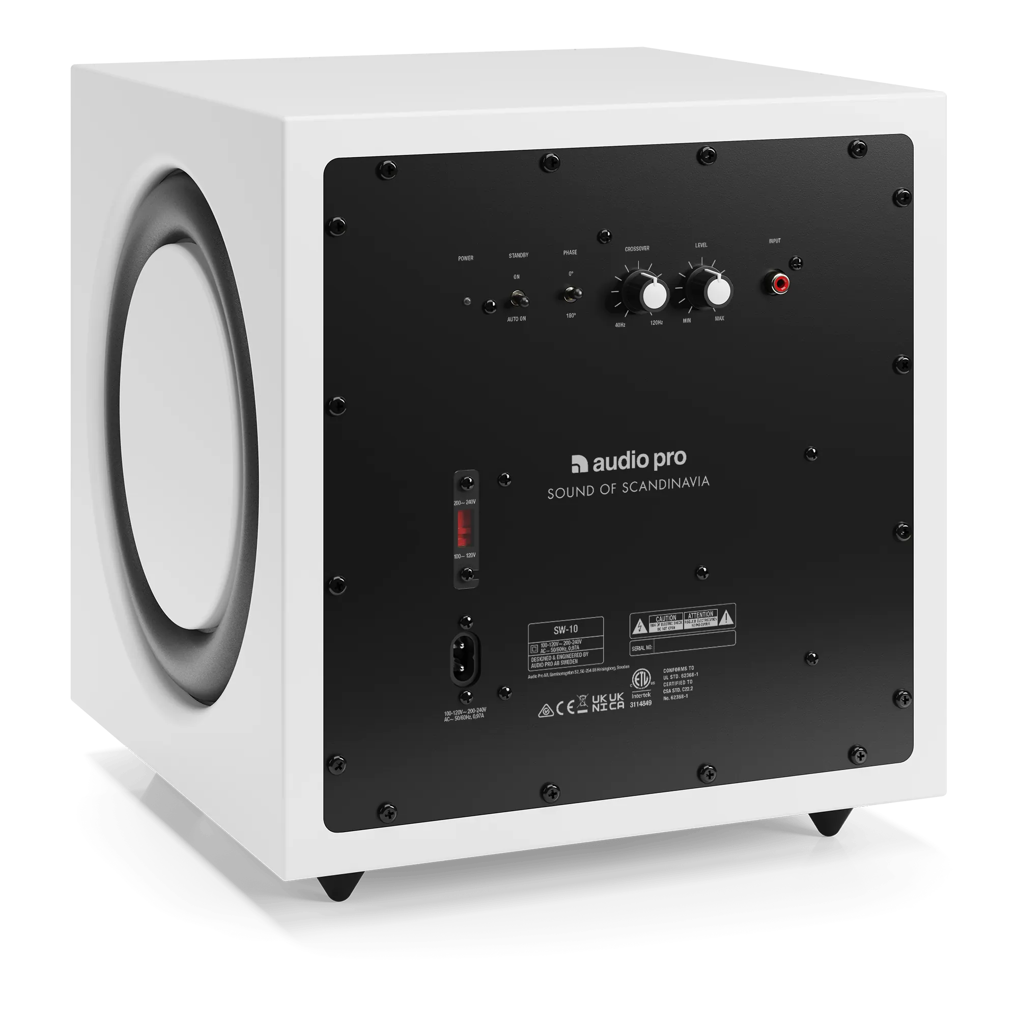 Rückseite des weißen Audio Pro SW-10 Subwoofers mit Bedienelementen und Anschlussfeld