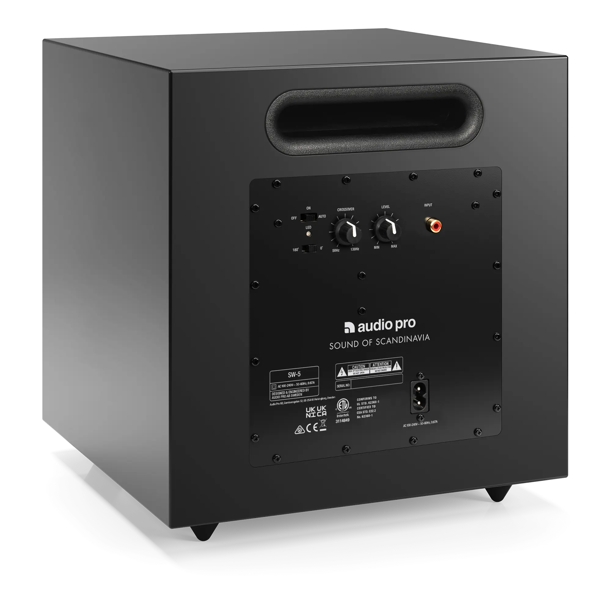 Rückansicht des schwarzen Audio Pro SW-5 Subwoofers mit Bedienelementen und RCA-Eingang