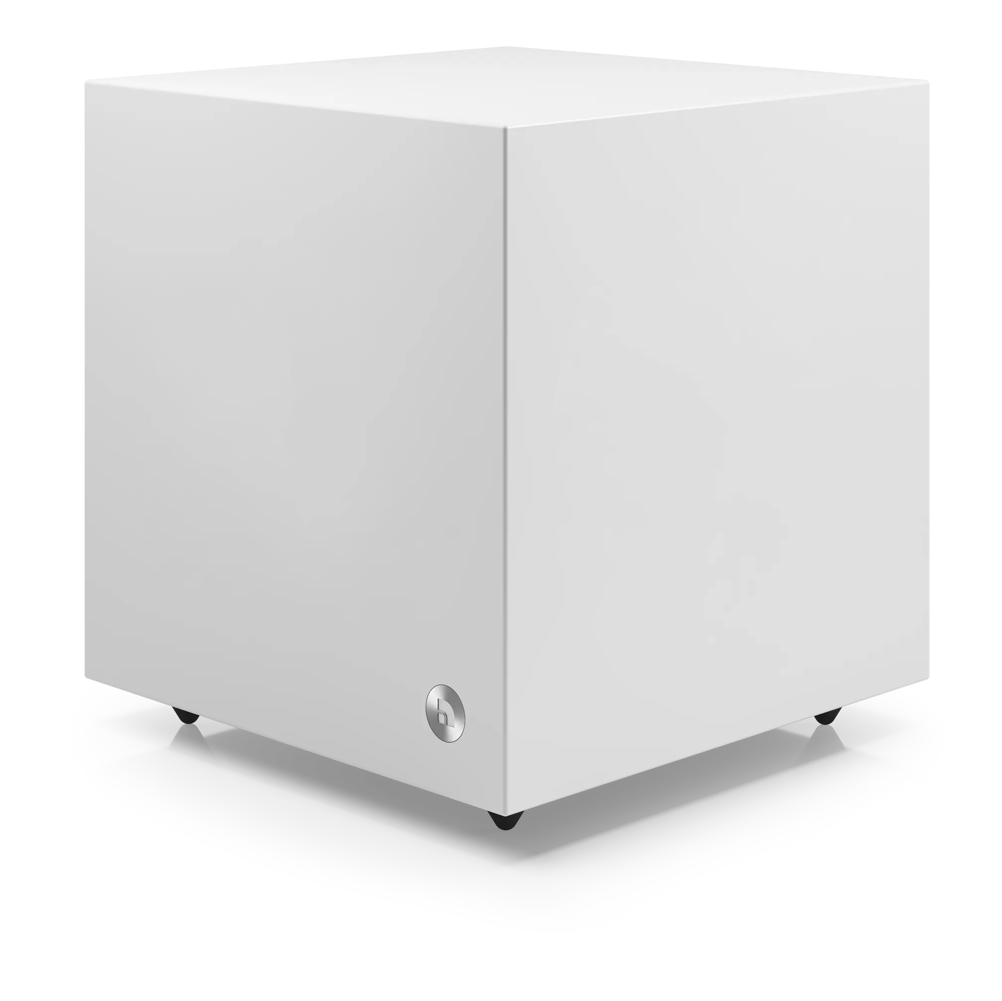 Frontansicht des weißen Audio Pro SW-5 Subwoofers mit dezentem Audio Pro Logo