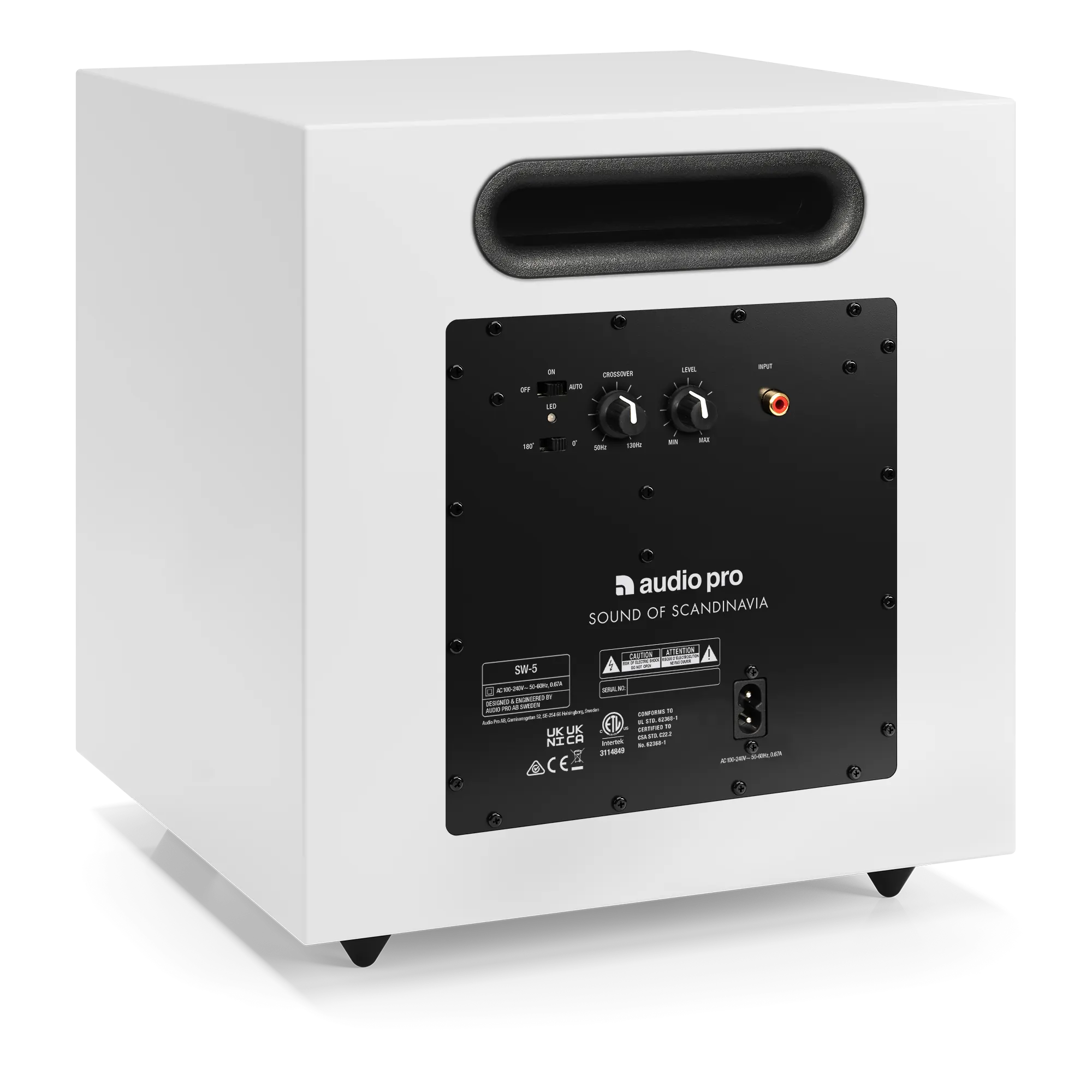 Rückseite des weißen Audio Pro SW-5 Subwoofers mit Bassreflexöffnung, Reglern und RCA-Eingang