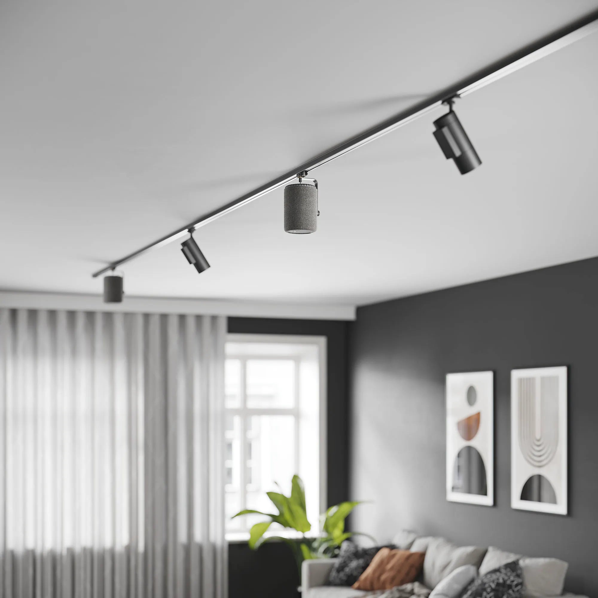 Audio Pro TM10 Track Mount mit G10 Lautsprecher in grauer Deckenschiene vor dunkler Wand
