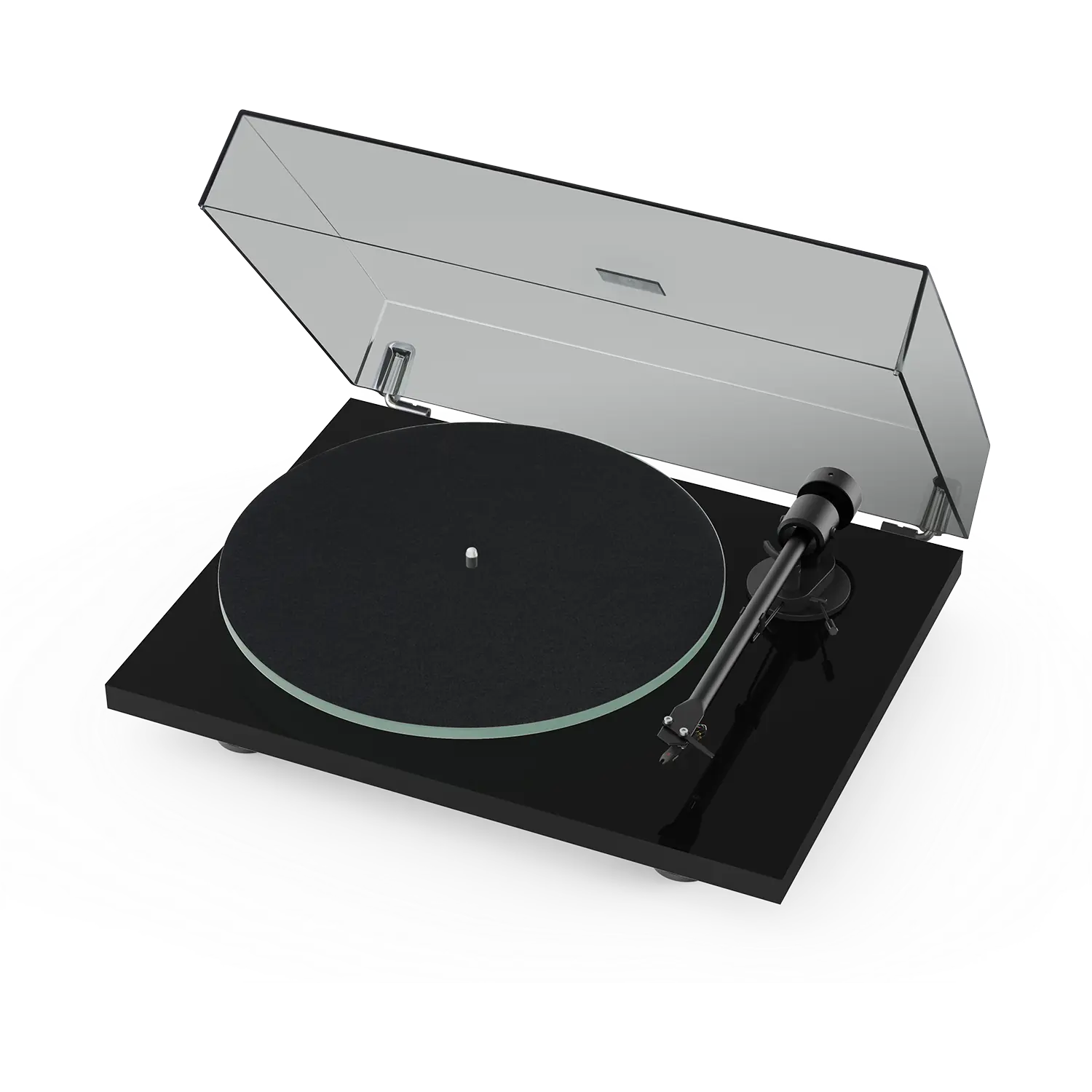 Pro-Ject T1 EVO Plattenspieler in Schwarz mit aufgeklappter Staubschutzhaube, Glasplattenteller und Aluminium-Tonarm für Audio Pro Multiroom-Systeme