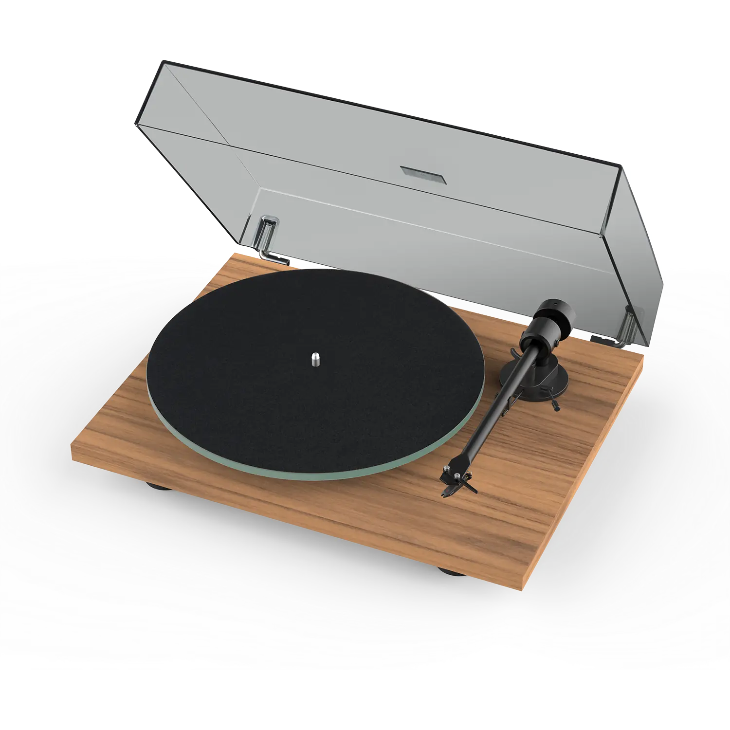 Pro-Ject T1 EVO Plattenspieler in Walnussoptik mit aufgeklappter Staubschutzhaube, Glasplattenteller und Aluminium-Tonarm für Audio Pro Multiroom-Systeme
