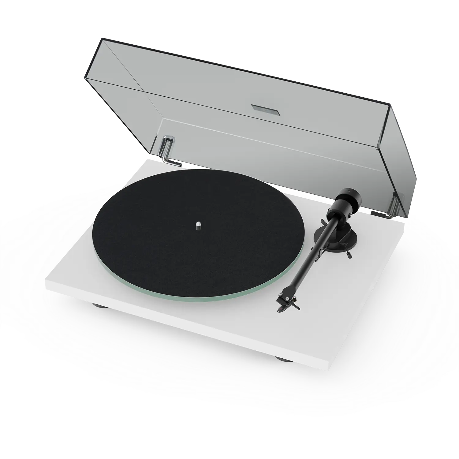 Pro-Ject T1 EVO Plattenspieler in Weiß mit aufgeklappter Staubschutzhaube, Glasplattenteller und Aluminium-Tonarm für Audio Pro Multiroom-Systeme