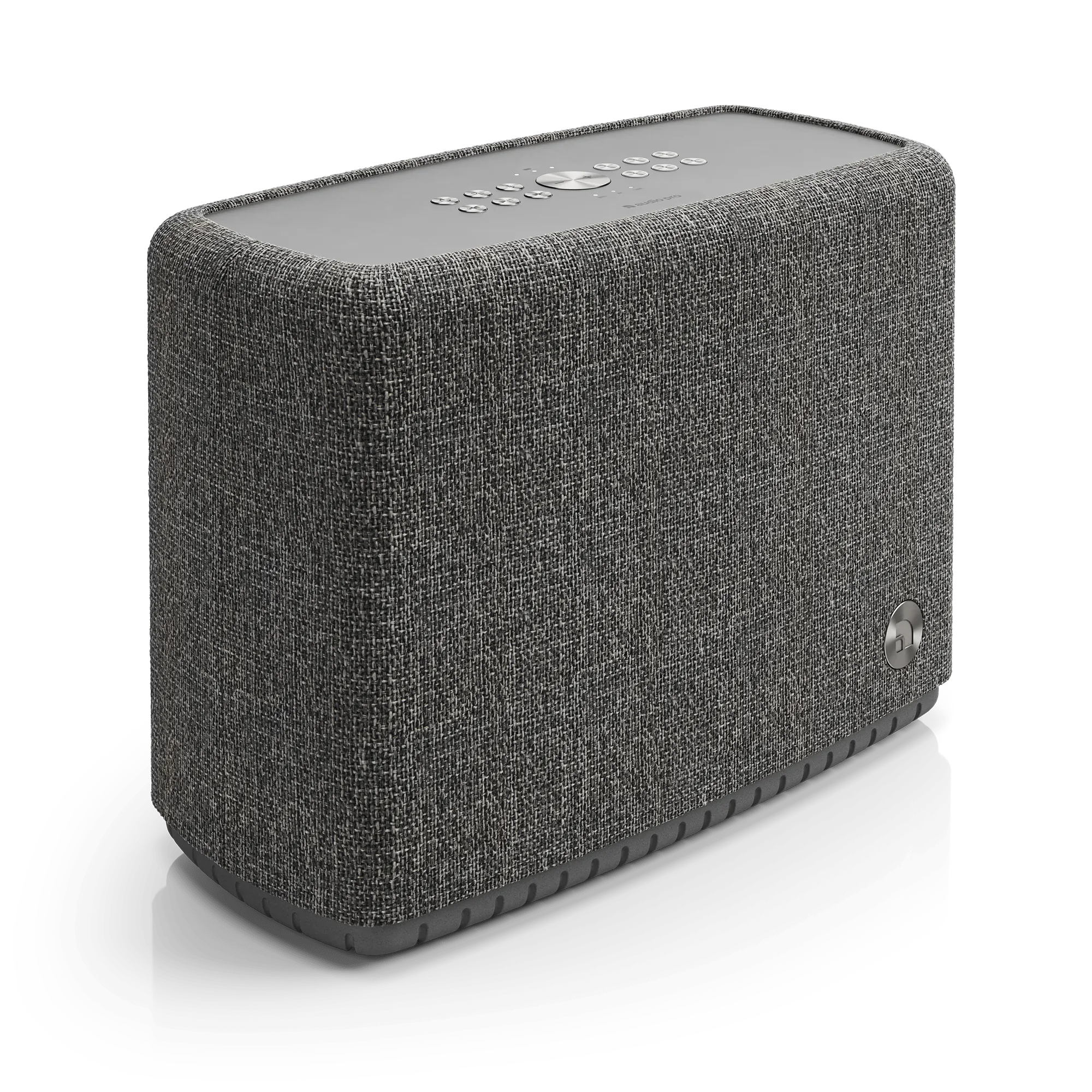 Audio Pro A15 Multiroom-Lautsprecher dunkelgrau Seitenansicht mit Bedienelementen