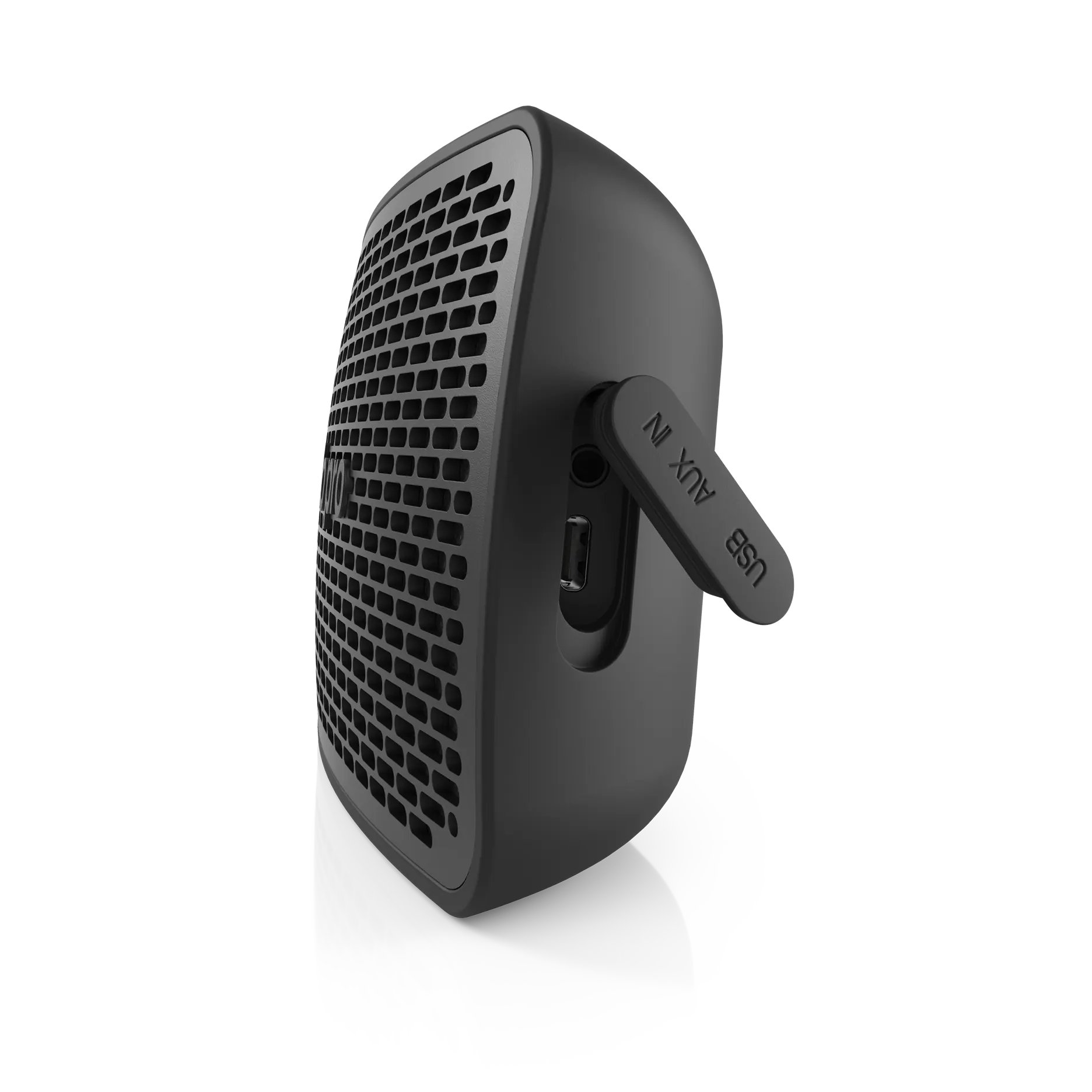 Seitenansicht des Audio Pro P5 Bluetooth-Lautsprechers mit offenem USB- und AUX-Anschluss
