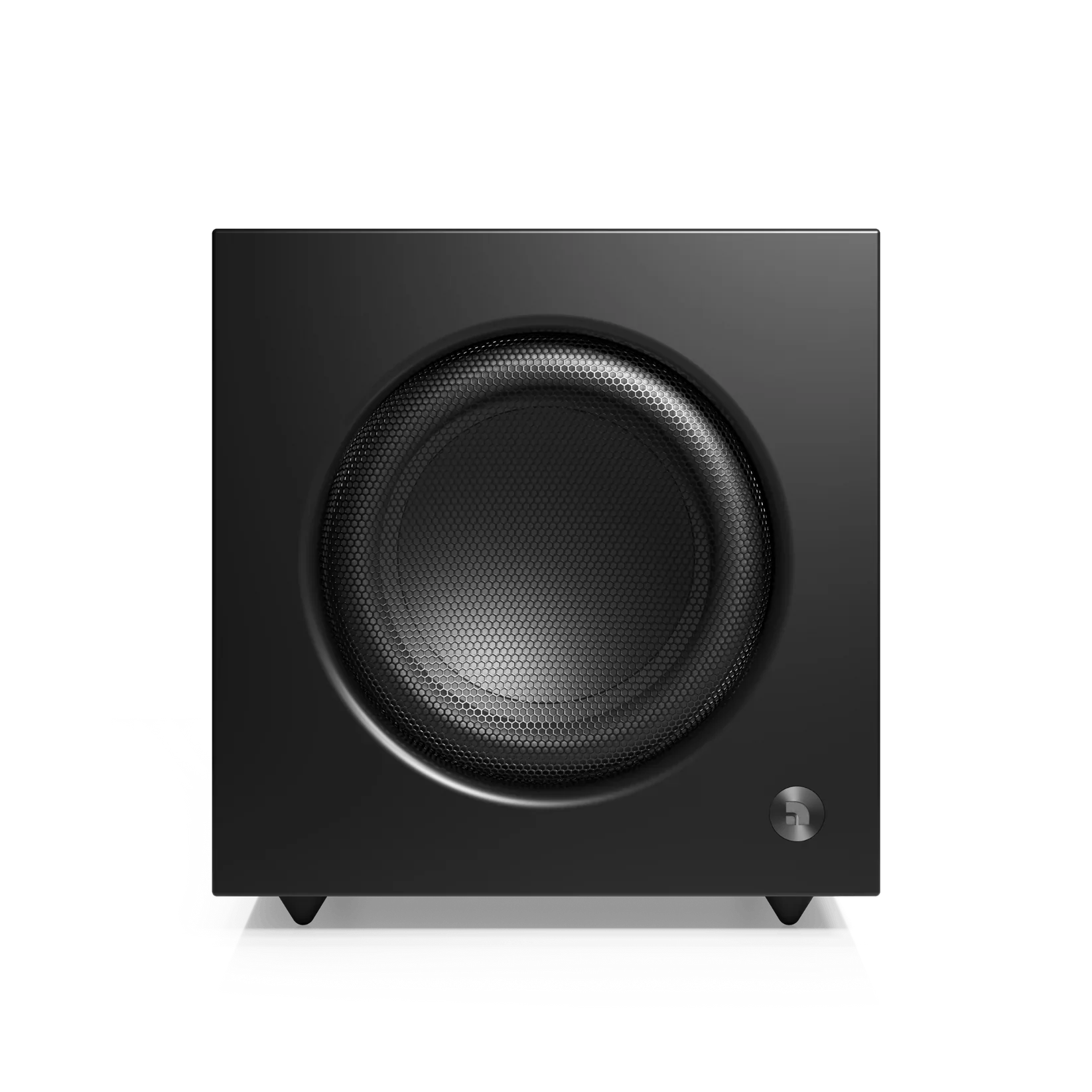 Frontansicht des schwarzen Audio Pro SW-10 Subwoofers mit Treiber und Schutzgitter