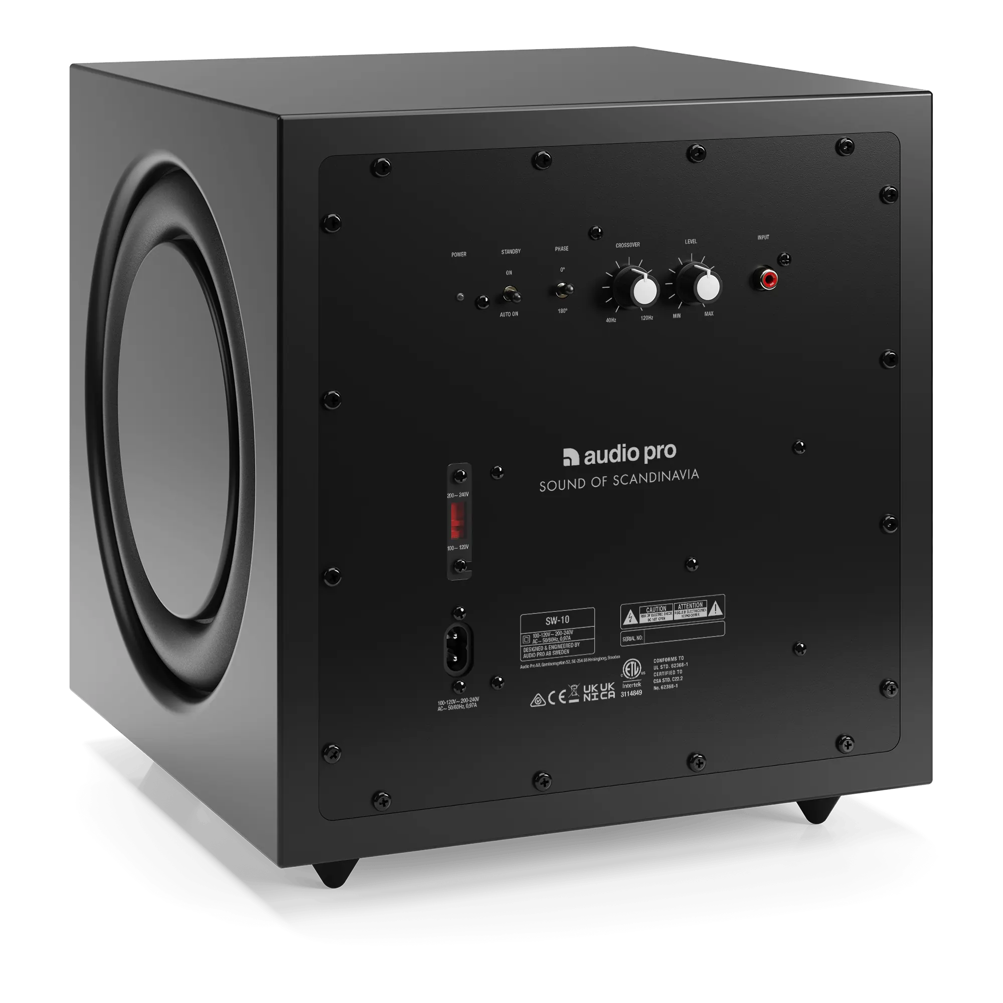 Rückseite des schwarzen Audio Pro SW-10 Subwoofers mit Bedienelementen und Anschlussfeld