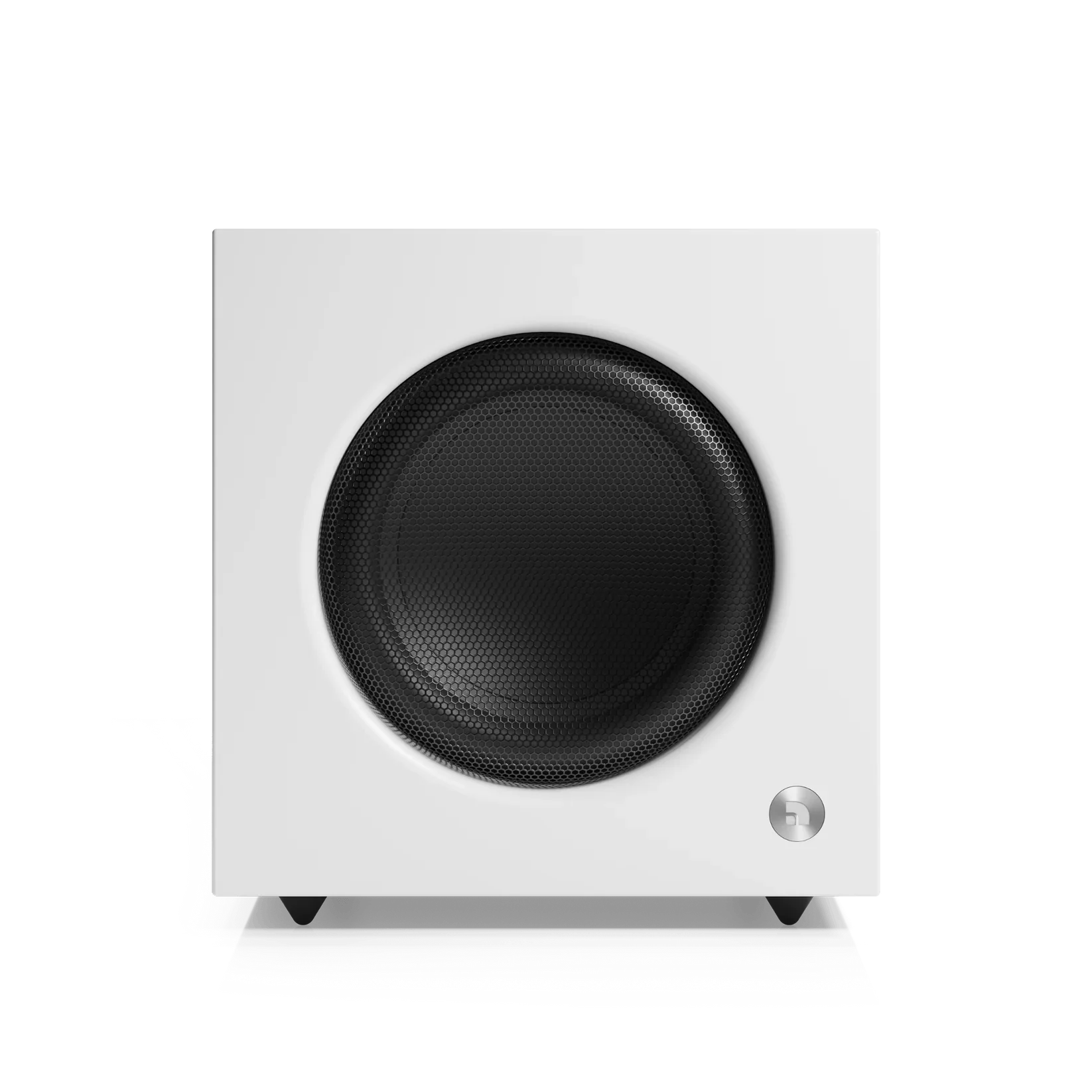 Frontansicht des weißen Audio Pro SW-10 Subwoofers mit Treiber und Schutzgitter